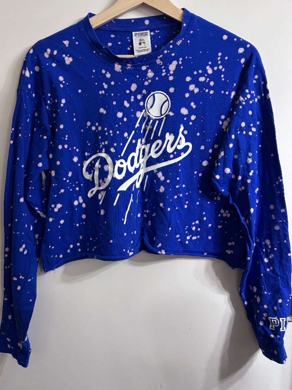 VS PINK LA Dodgers Bleached Crop Long Sleeve T-Shirt Size XS Blue Cutoff Top
